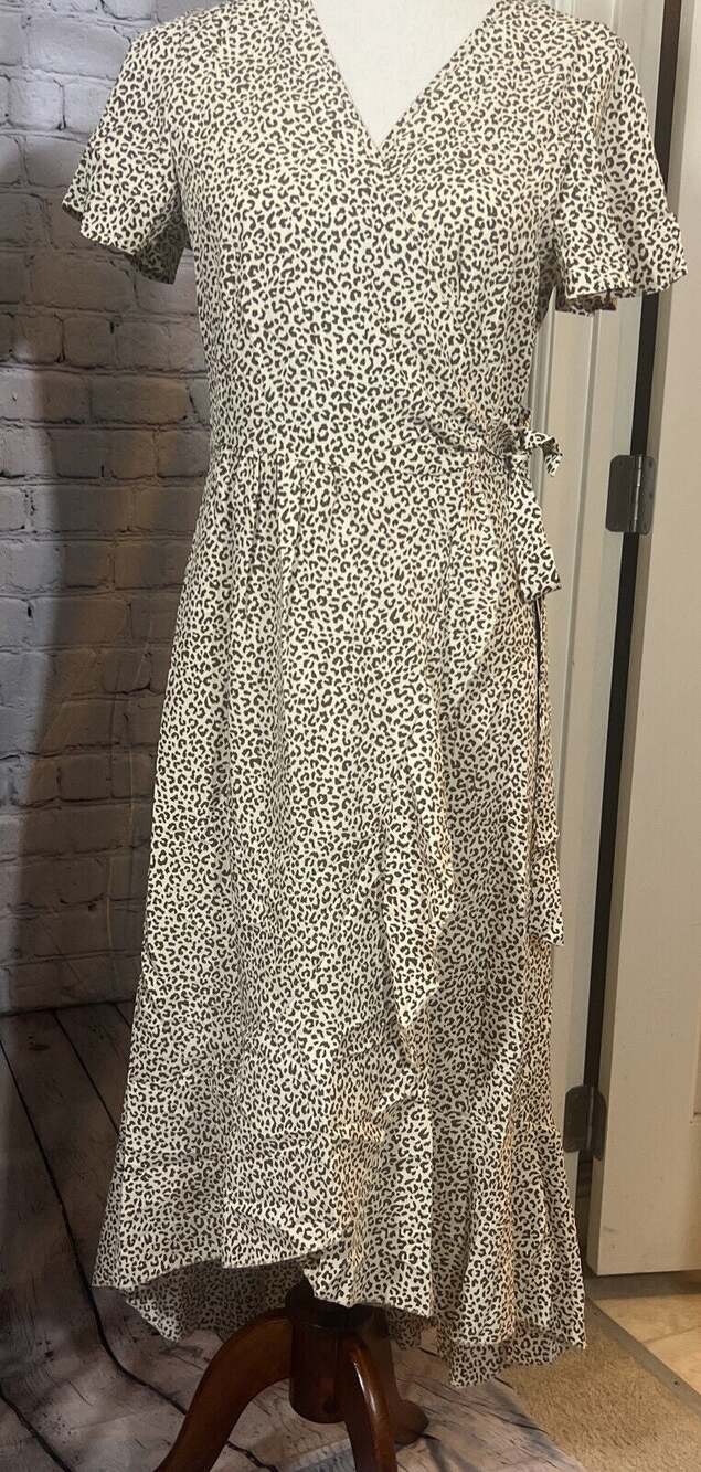 Women's Animal Print Wrap Maxi Dress Beige Brown Small NWOT